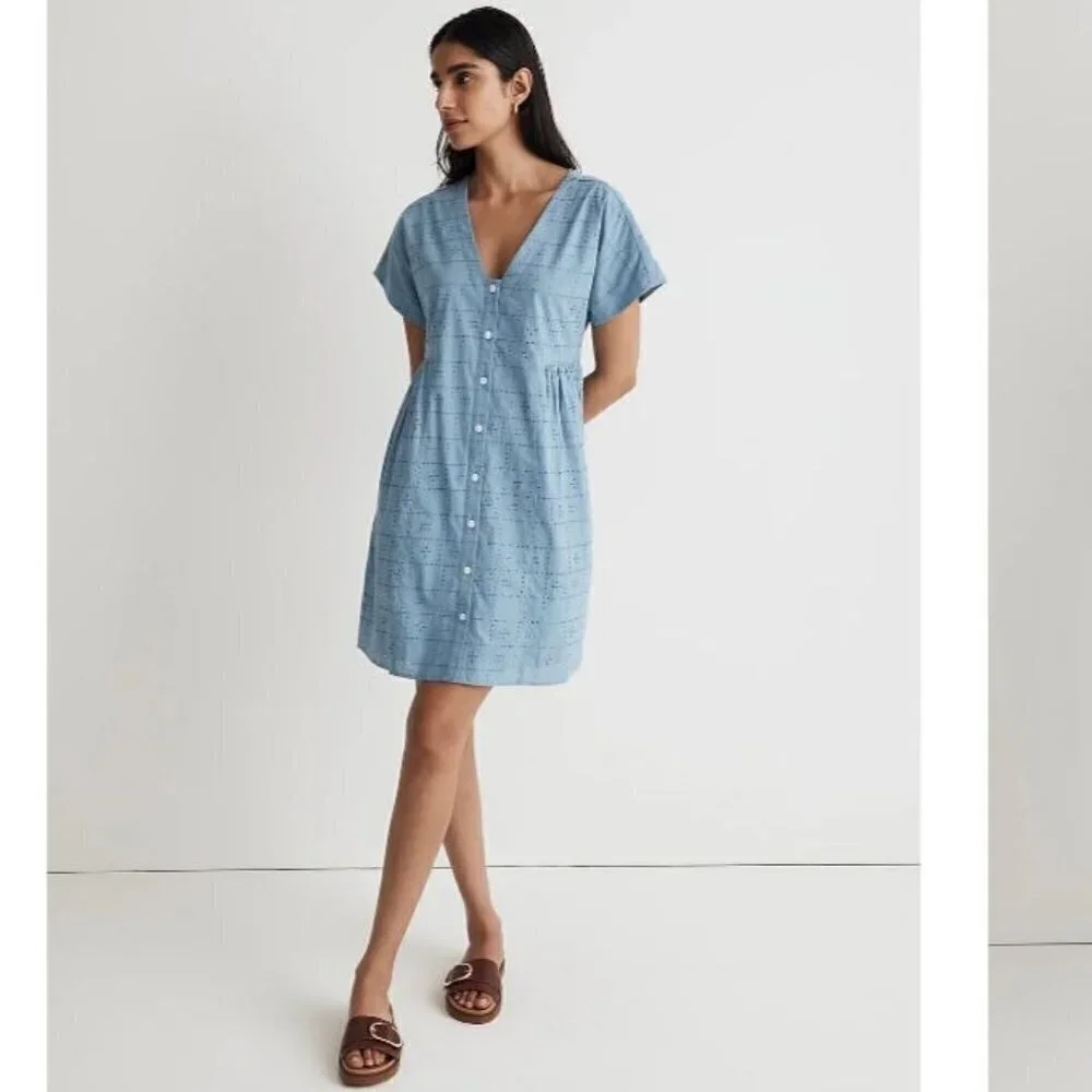 Madewell Button- Front V-neck Flowy A-line Sky Blue Shirt Mini Dress Size Large
